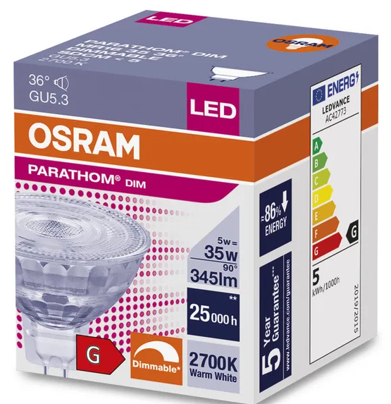 059711 MR16 LED, dimmable, 5 WATT = 35 WATT, 345 lumens,blanc chaud 3 000 K