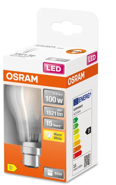 124684 B22 Filament LED dépolie, 10 WATT = 100 WATT, 1521 lumens, blanc chaud 2 700 K