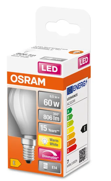 447936 E14 Sphérique Filament LED dépolie dimmable, 6 WATT = 60 WATT, 806 lumens, blanc chaud 2700 K