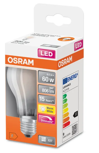 054240 E27 LED dépolie dimmable, 806 lumens, 7 WATT = 60 WATT, blanc chaud 2 700 K 