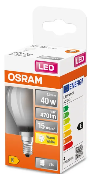 436480 E14 Sphérique Filament LED dépolie, 4 WATT = 40 WATT, 470 lumens, blanc chaud 2 700 K