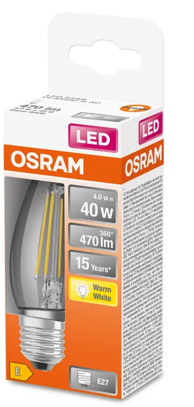 435223 E27 Flamme Filament LED dépolie, 4 WATT = 40 WATT, 470 lumens, blanc chaud 2 700 K