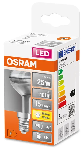 125902 SPOT R50 E14 LED, 2 WATT = 25 WATT, 110 lumens, blanc chaud 2 700 K