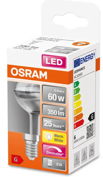 125940 SPOT R50 E14 LED, dimmable,  5,9 WATT = 60 WATT,350 lumens, blanc chaud 2 700 K