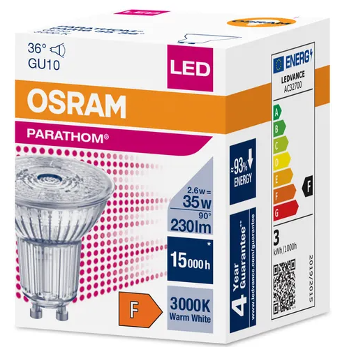 608191 GU10 LED, 2,6 WATT = 35 WATT, 230 lumens, blanc chaud 3 000 K