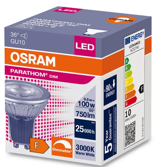 609174 GU10 LED, 9,6 WATT = 100 WATT, 750 lumens, blanc chaud 3 000 K