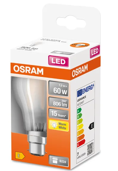 114913 B22 Filament LED dépolie, 6 WATT = 60 WATT, 806 lumens, blanc chaud 2 700 K