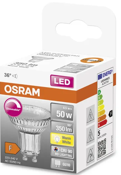 797888 GU10 LED, 4,5 WATT = 50 WATT, dimmable, 350 lumens, blanc chaud 2 700 K