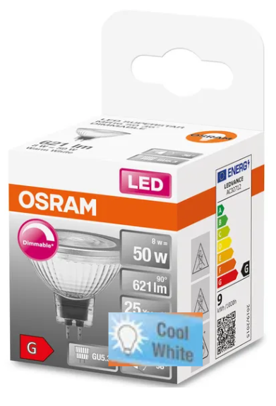 609273 MR16 LED, dimmable, 8 WATT = 50 WATT, 621 lumens, blanc froid 4 000 K