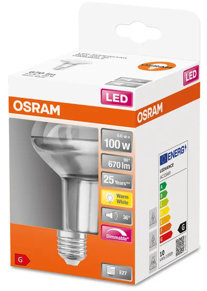 433281 SPOT R80 E27 LED dimmable, 9,6 WATT = 100 WATT, 670 lumens, blanc chaud 2 700 K