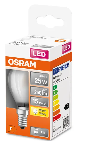 436626 E14 Sphérique Filament LED dépolie, 2,5 WATT = 25 WATT, 250 lumens, blanc chaud 2 700 K