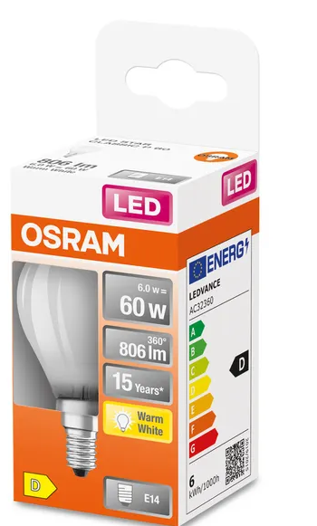 434929 E14 Sphérique Filament LED dépolie, 6 WATT = 60 WATT, 806 lumens, blanc chaud 2 700 K