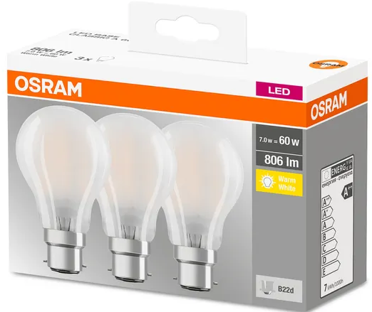 115132 Boite de 3 Lampes B22 Filament LED dépolie, 7 WATT = 60 WATT, 806 lumens, blanc chaud 2 700 K