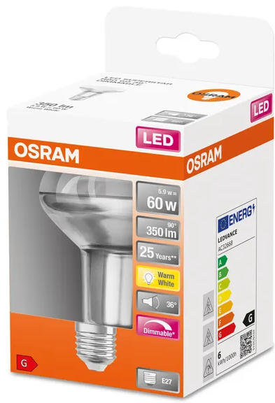 433328 SPOT R80 E27 LED dimmable, 5,9 WATT = 60 WATT, 345 lumens, blanc chaud 2 700 K