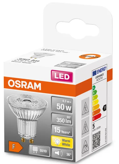 067891 GU10 LED, 4,3 WATT = 50 WATT, 350 lumens, blanc chaud 3 000 K