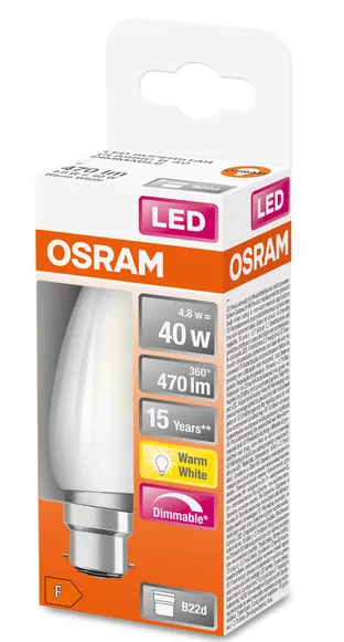 434509 B22 Flamme Filament LED dépolie dimmable, 4,5 WATT= 40 WATT,  470 lumens, blanc chaud 2 700 K