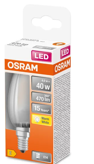 436503 E14 Flamme Filament LED dépolie, 4 WATT = 40 WATT, 470 lumens, blanc chaud 2 700 K