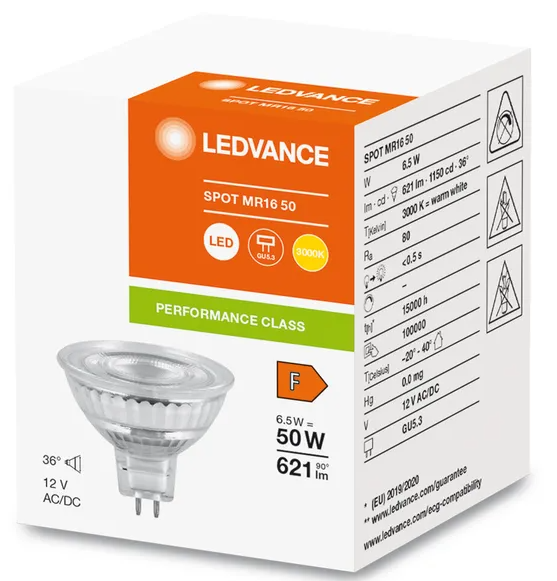 047992 MR16 GU5.3 LED, 6,3 WATT = 50 WATT, 621 lumens, blanc chaud 3 000 K