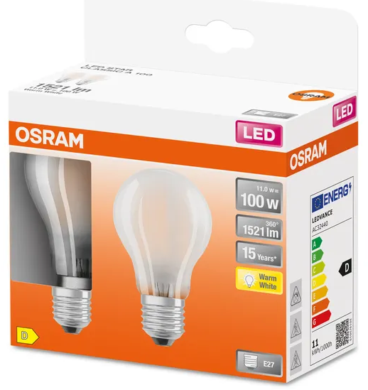 434042 Boite de 2 Lampes E27 Filament LED dépolie, 11 WATT=100 WATT, 1521 lumens, blanc chaud 2700 K