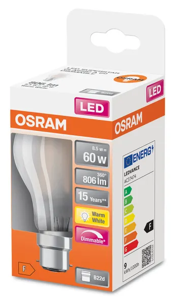 434622 B22 LED dépolie dimmable, 806 lumens, 7 WATT = 60 WATT, blanc chaud 2 700 K 