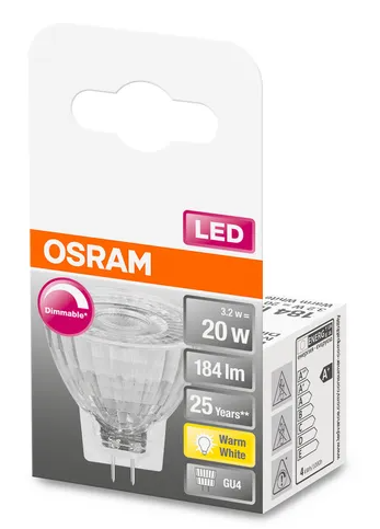 070365 MR11 GU4 LED, 2,5 WATT = 20 WATT, 184 lumens, blanc chaud 2 700 K