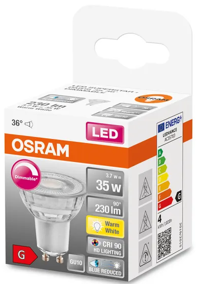 613041 GU10 LED dimmable, 3,7 WATT = 35 WATT, 230 lumens, blanc chaud 2 700 K