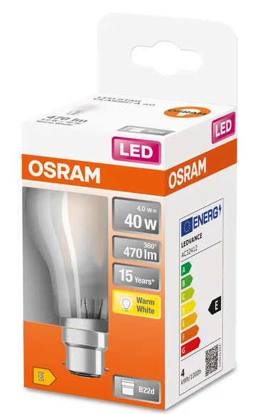 437241 B22 Filament LED dépolie, 4 WATT = 40 WATT, 470 lumens, blanc chaud 2 700 K