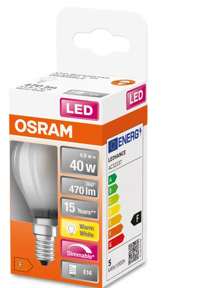 436923 E14 Sphérique Filament LED dépolie dimmable, 4 WATT = 40 WATT, 470 lumens, blanc chaud 2700 K