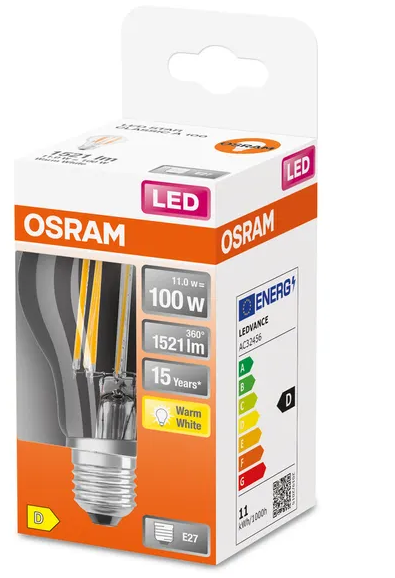 060595 E27 Filament LED claire Dimmable, 11 WATT = 100 WATT, 1 521 lumens, blanc chaud 2 700 K 