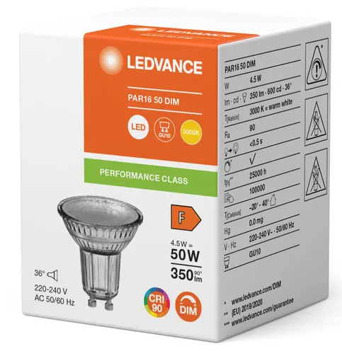 797963 GU10 LED, 4,5 WATT = 50 WATT, dimmable, 350 lumens, blanc chaud 3 000 K