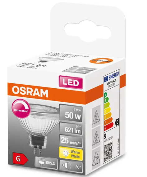 050497 MR16 LED, dimmable, 8 WATT = 50 WATT, 621 lumens,blanc chaud 3 000 K