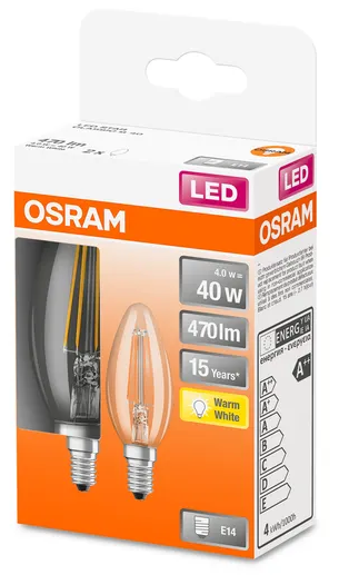 330511 Boite 2 Lampes E14 Flamme Filament LED claire, 4 WATT=40 WATT, 470 lumens, blanc chaud 2700 K