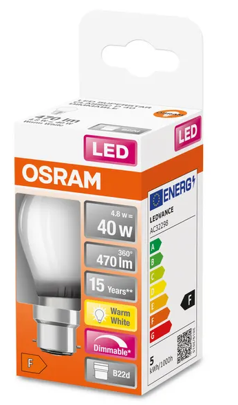 437289 B22 Sphérique Filament LED dépolie dimmable, 4 WATT = 40 WATT, 470 lumens, blanc chaud 2700 K