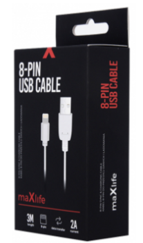 Câble USB IPhone Lightning charge & data, 2A, 3 mètres, blanc, MAXLIFE 